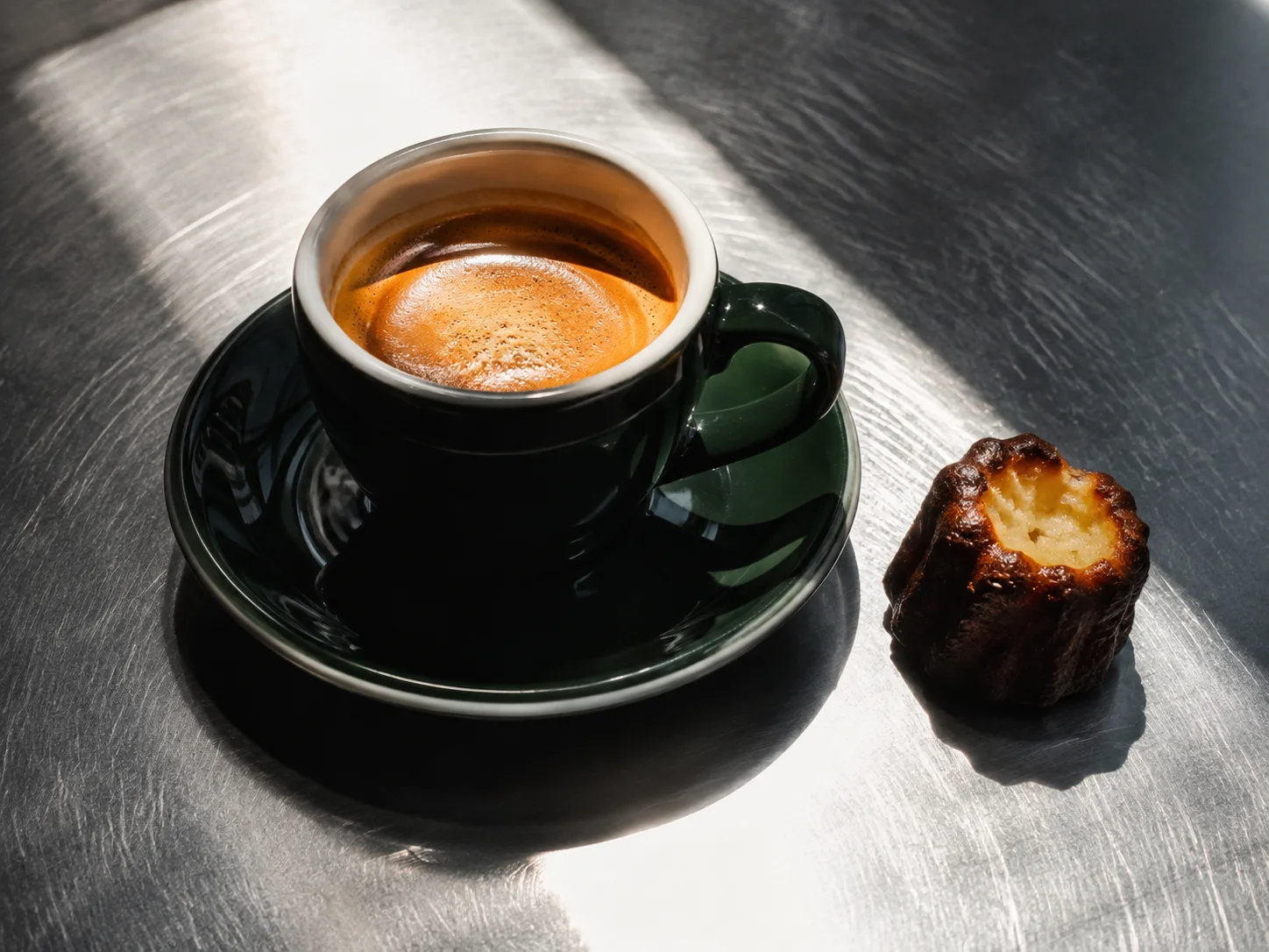 Concept imagery: espresso in a dark green cup beside a pastry on a sunlit metal counter.